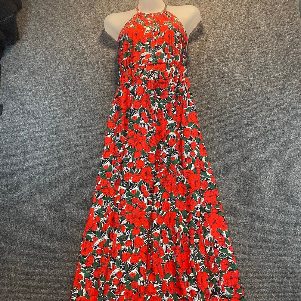 SooLinen Silky Halter Maxi Dress Red Floral Boho Sleeveless Summer Pleated Small